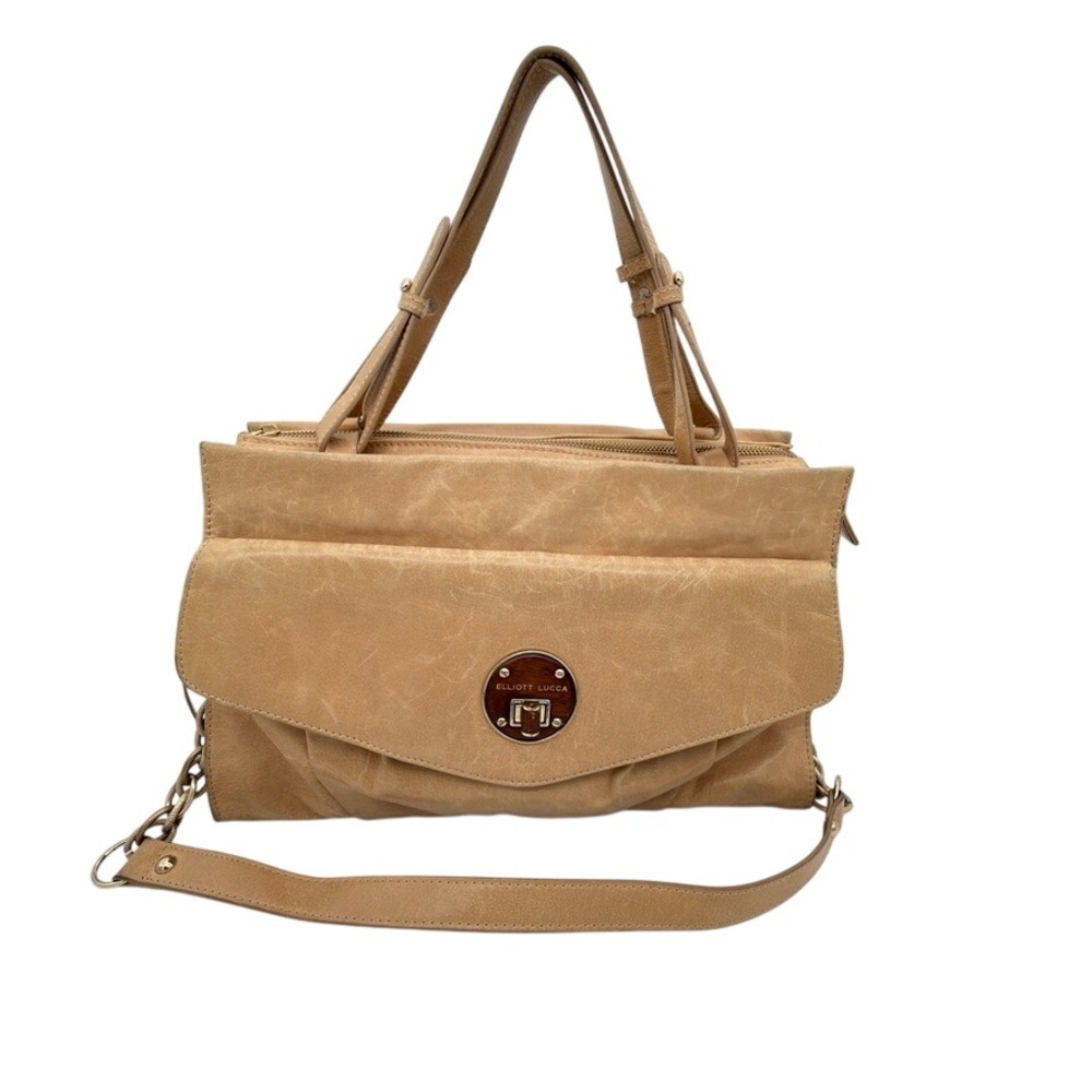 Elliott Lucca Tan Leather Crossbody Bag NWOT Wood Turn Lock Chain Strap